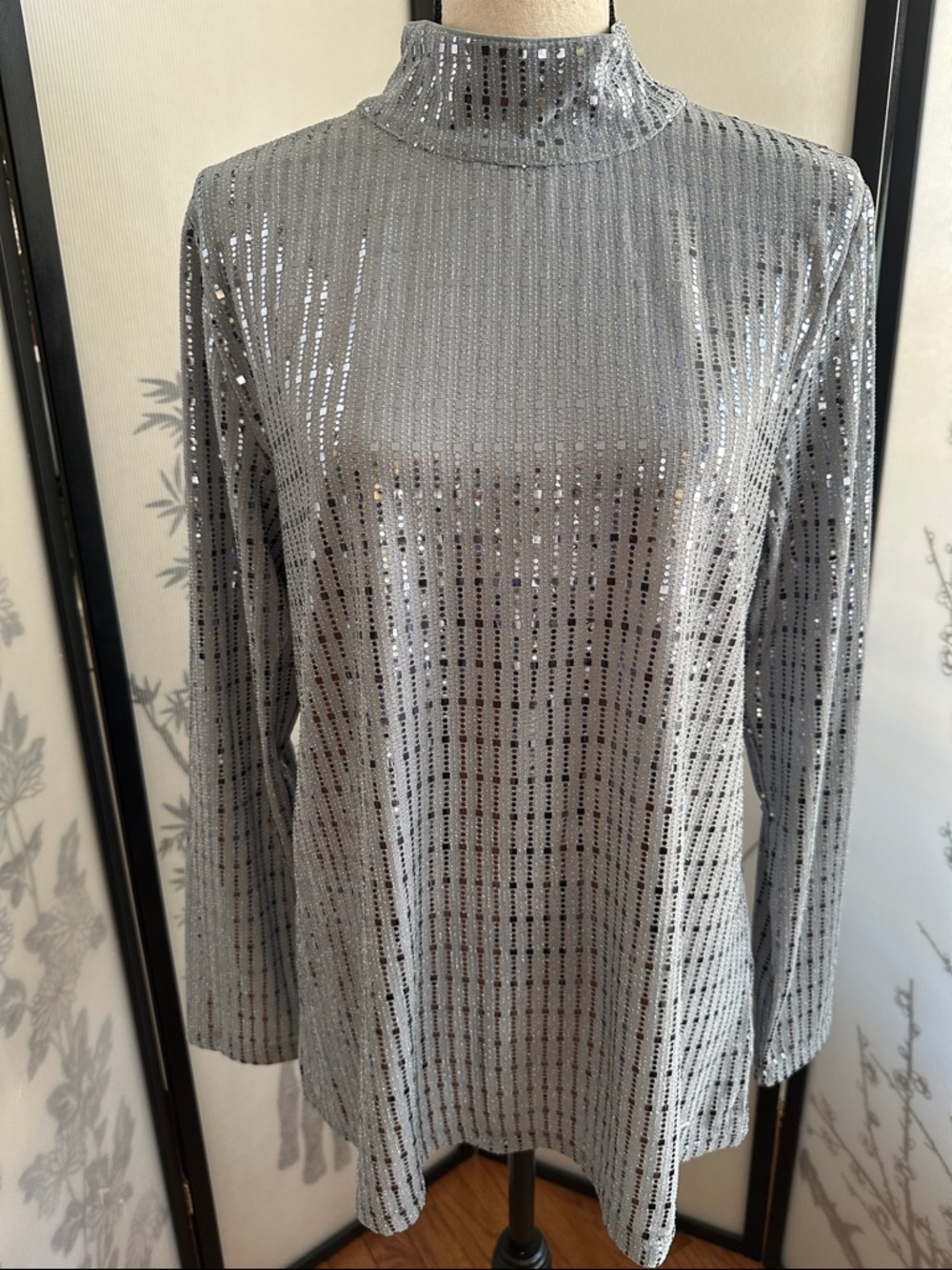 Anne Klein Silver Sequin Mock Neck Long Sleeve Top